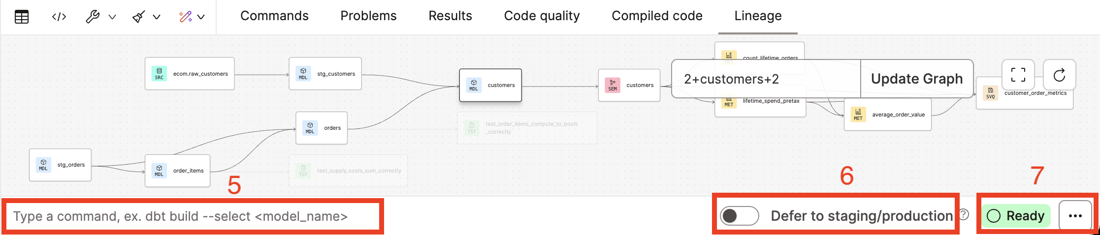 Use the Command bar to write dbt commands, toggle 'Defer', and view the current IDE status