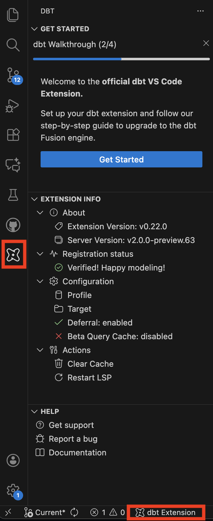 dbt VS Code extension welcome screen.